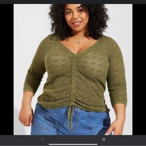 Torrid olive green v-neck pull string sweater size 2